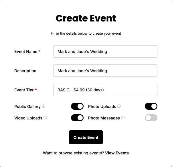 Fill in event details